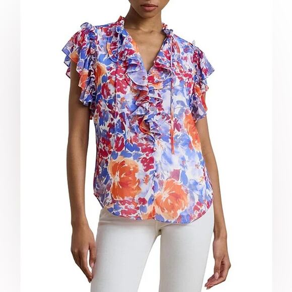 Lauren Ralph Lauren Georgette Floral Ruffle Trim V-Neck Flutter Sleeve Blouse 3X - Picture 1 of 5